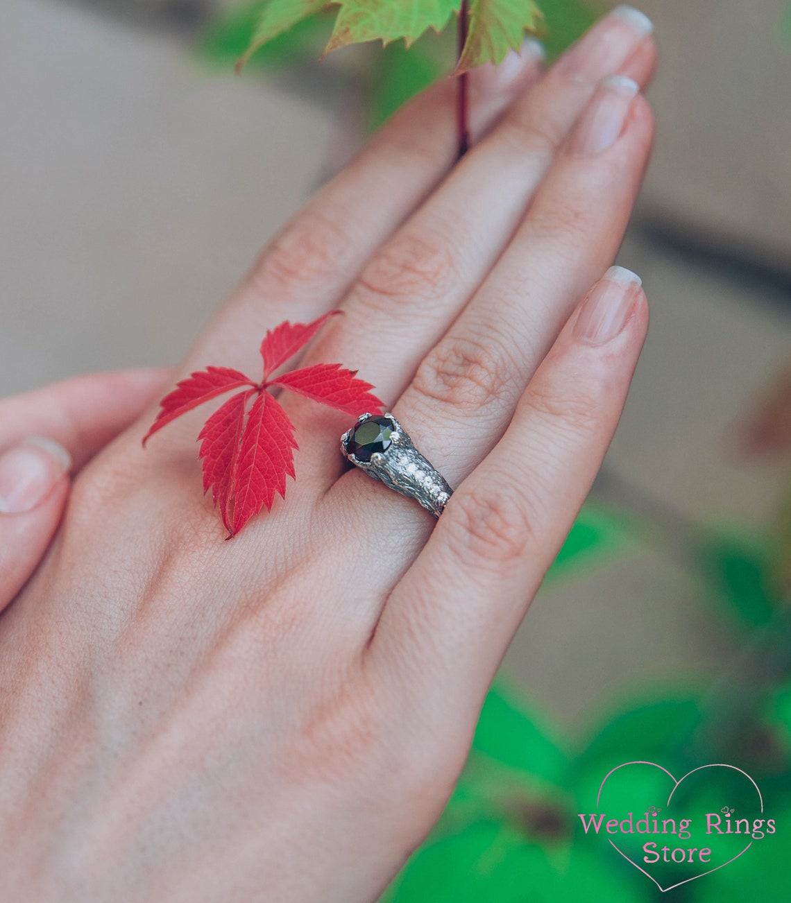 Big Garnet Ring with Silver Tree and Side Stones