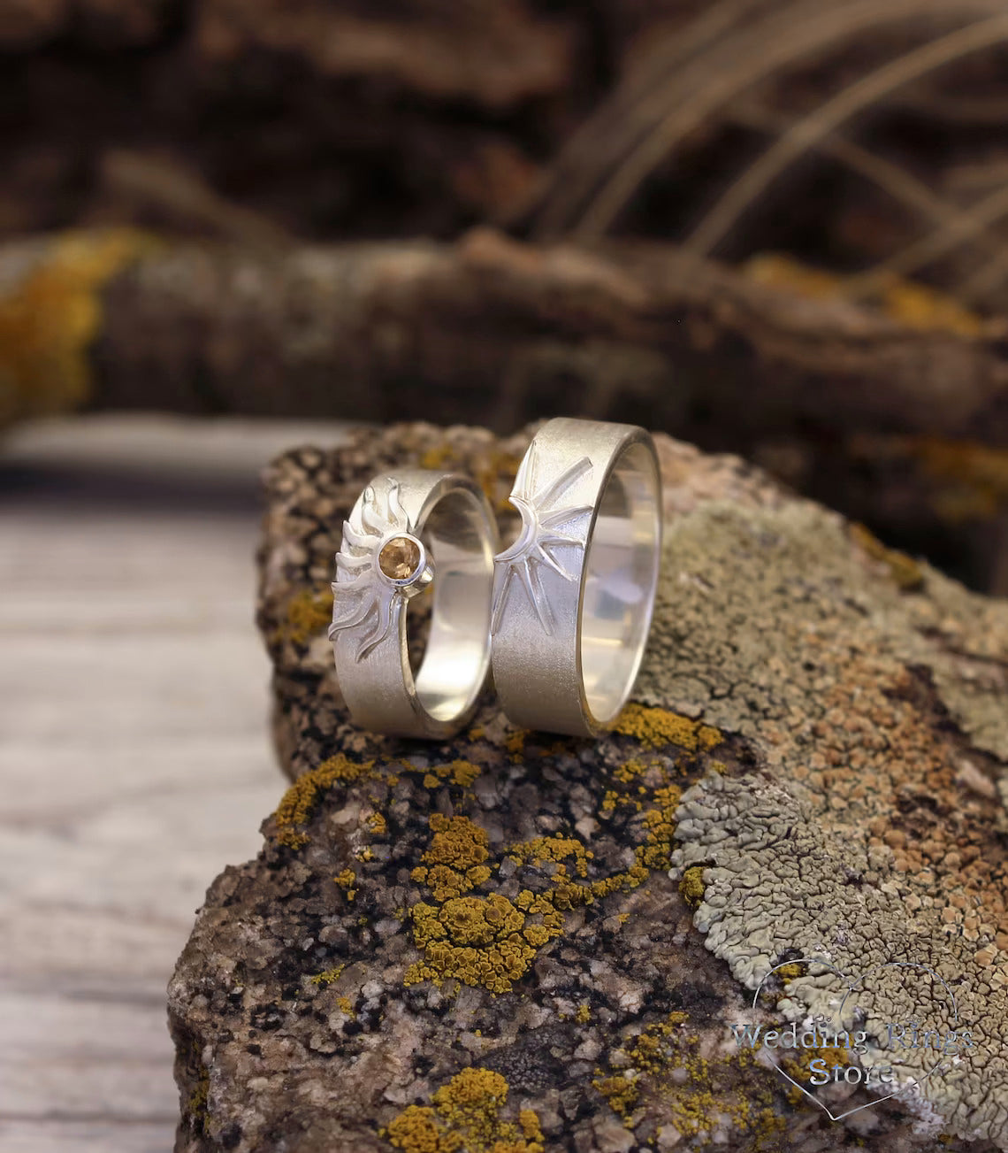 Matte Silver Sun and Moon matching Wedding Rings Set with Citrine