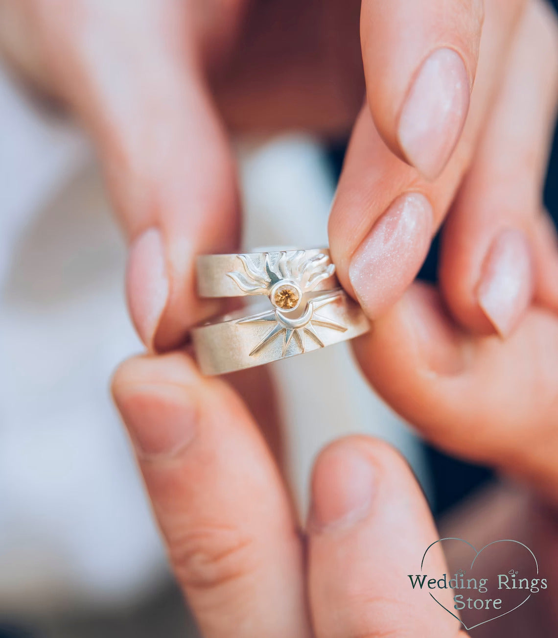 Matte Silver Sun and Moon matching Wedding Rings Set with Citrine