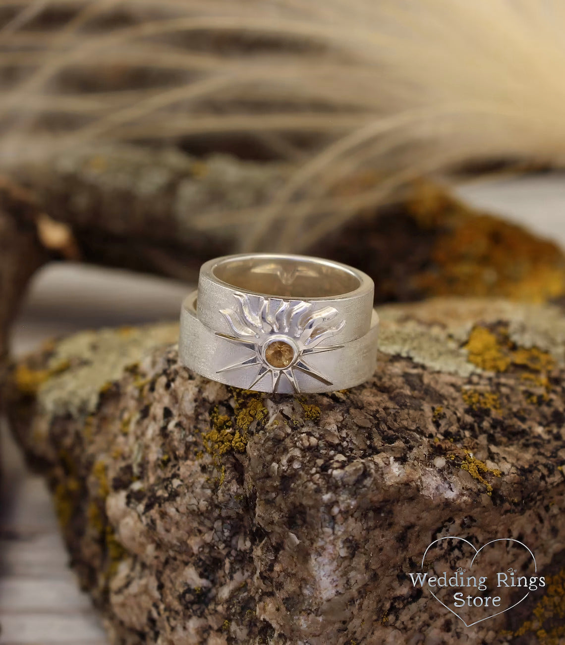 Matte Silver Sun and Moon matching Wedding Rings Set with Citrine