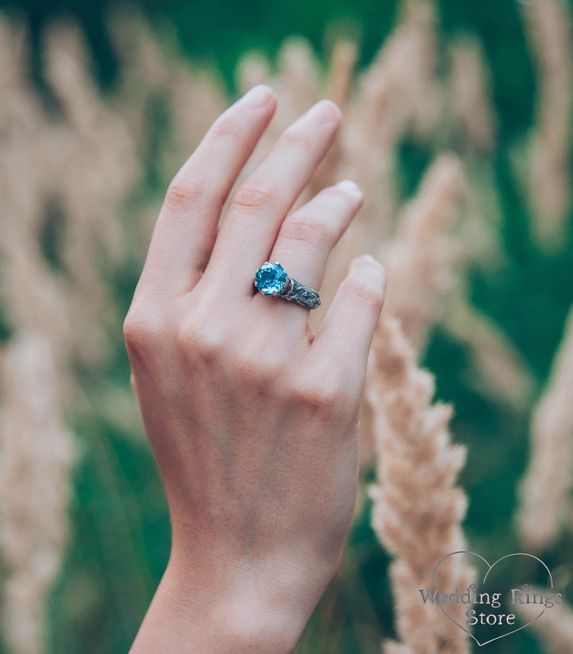 Bright Topaz & Vintage Style Twig Silver Engagement Ring