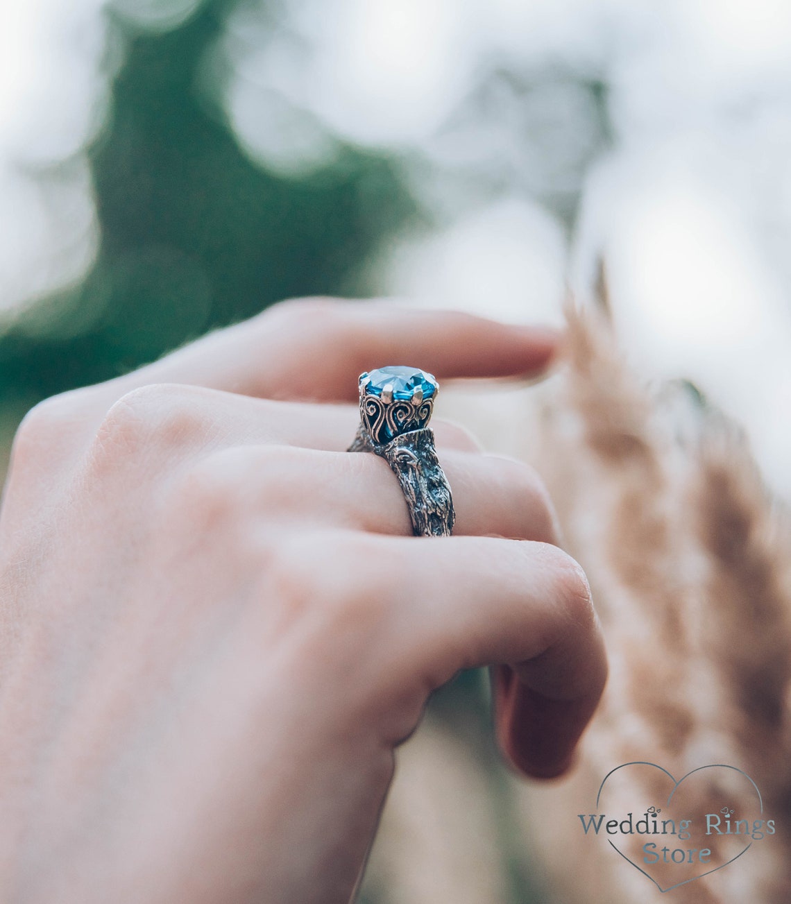 Bright Topaz & Vintage Style Twig Silver Engagement Ring