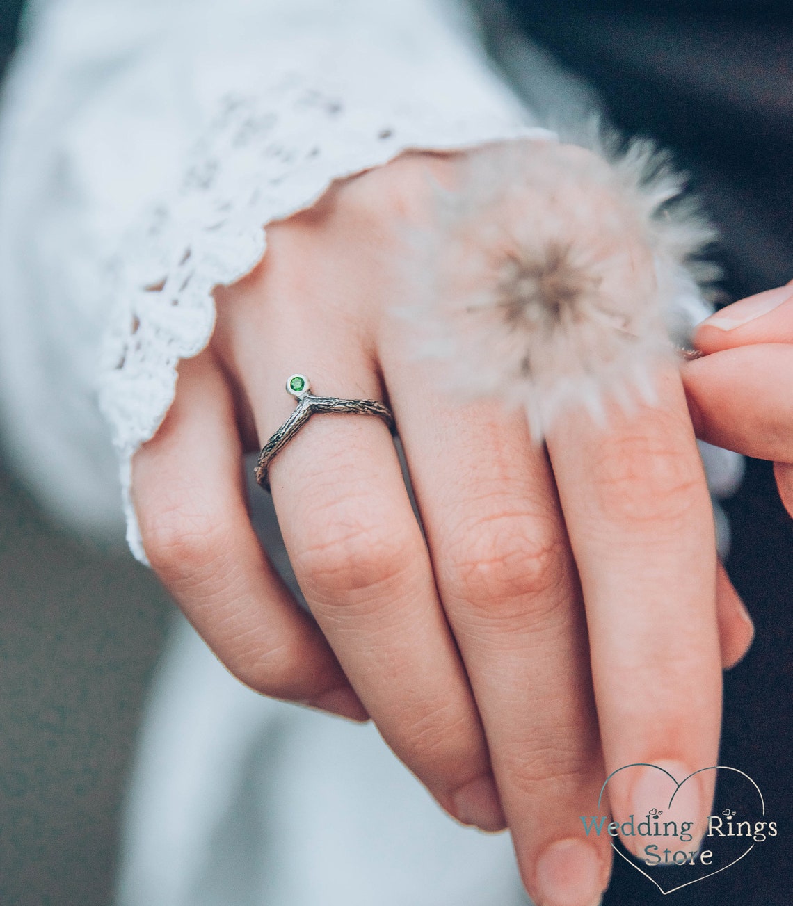 Dainty Twig Tiny Silver V-Ring with Emerald