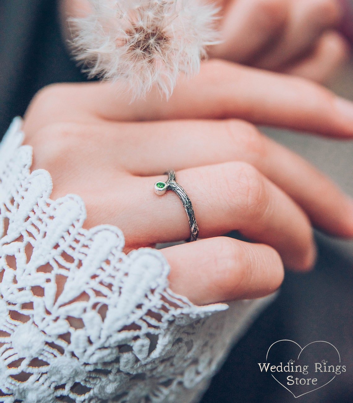 Dainty Twig Tiny Silver V-Ring with Emerald