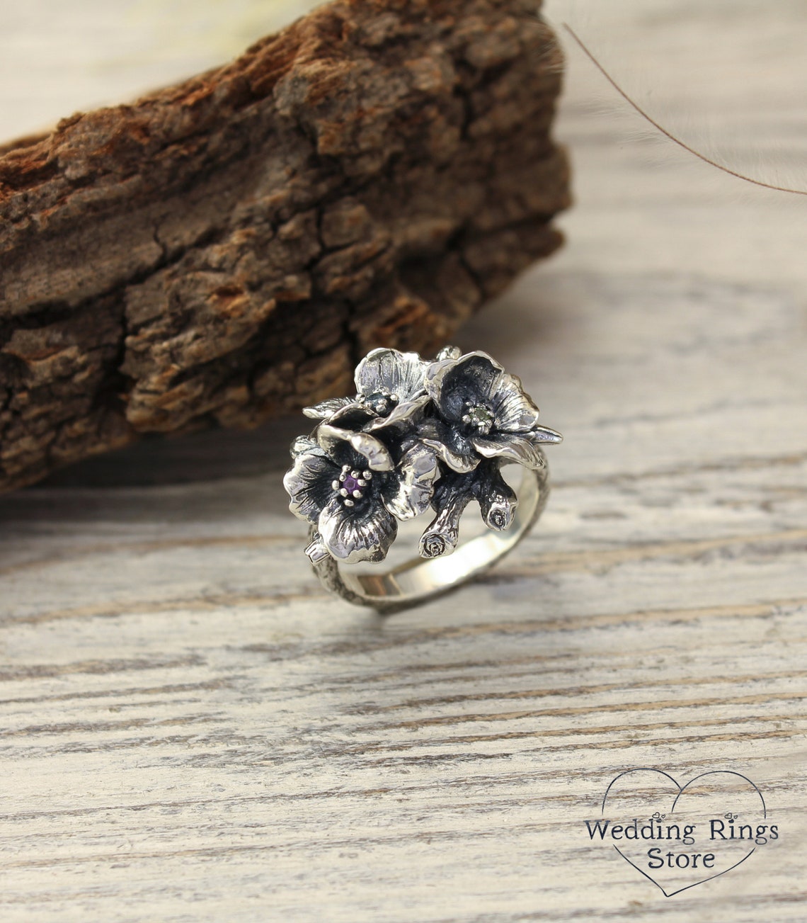 Silver Catchy Large Flowers Cocktail Ring with Multi Gemstones