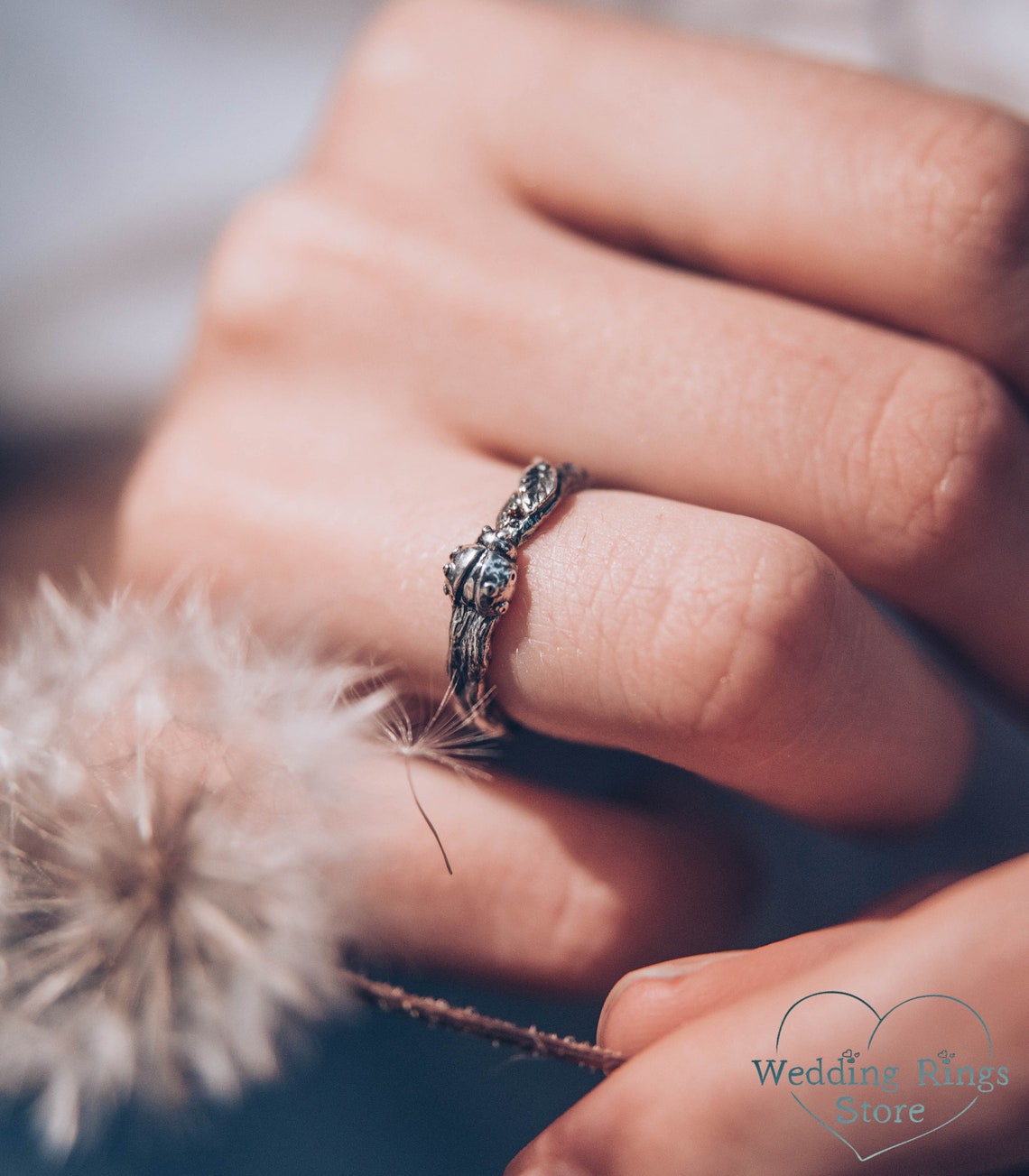 Small exquisite Garnet with Ladybug and Leaf Engagement Ring