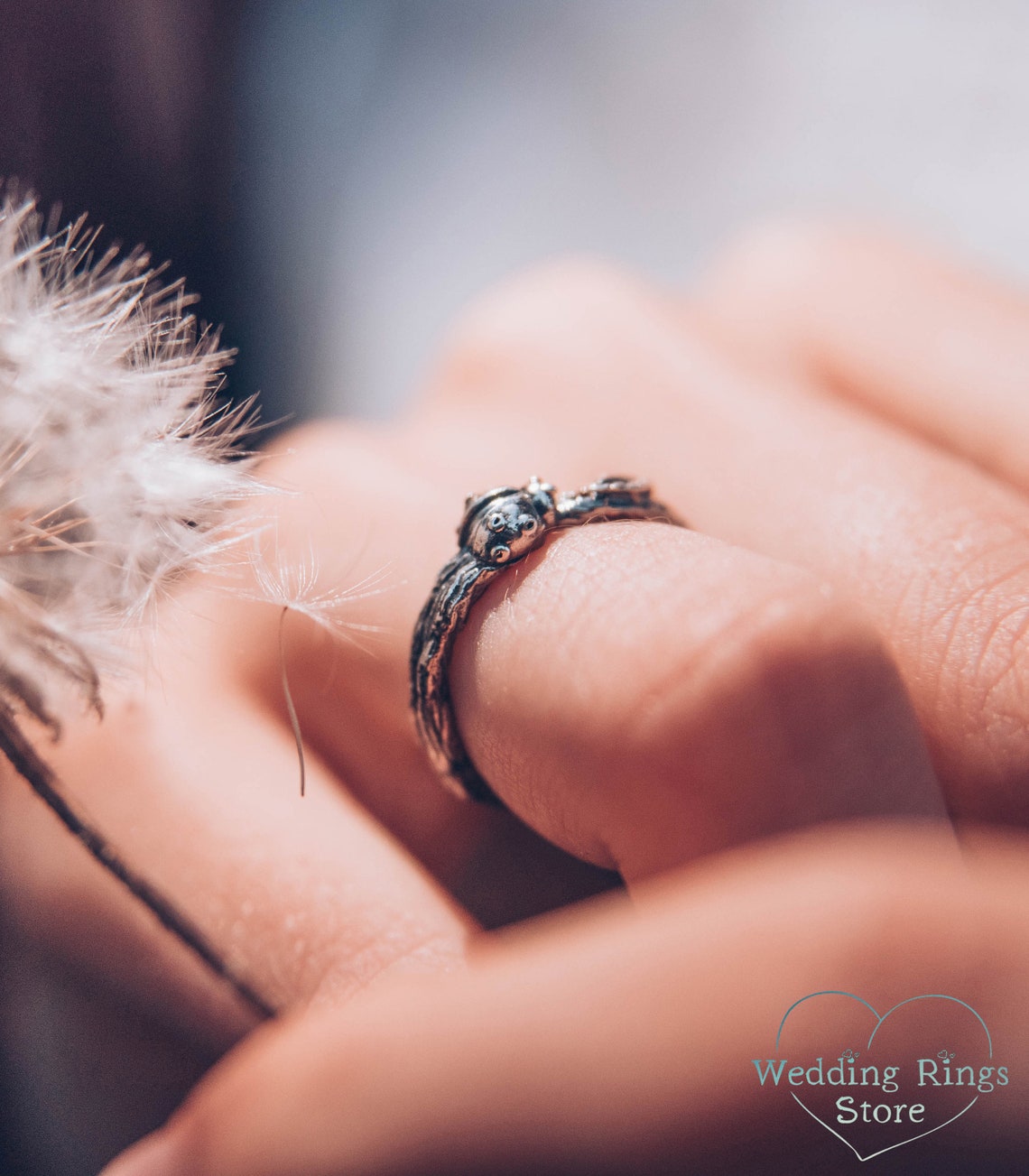 Small exquisite Garnet with Ladybug and Leaf Engagement Ring