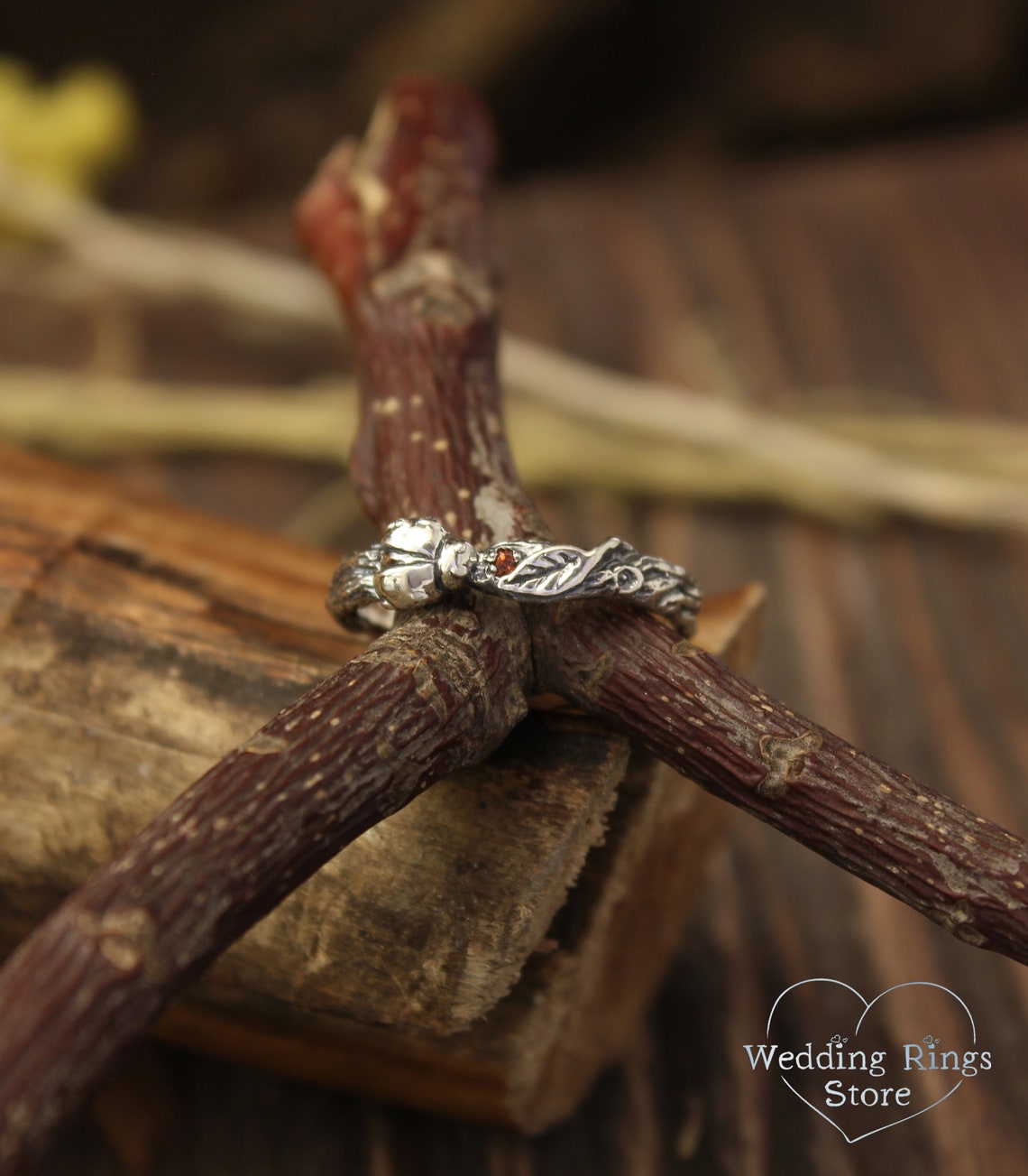 Small exquisite Garnet with Ladybug and Leaf Engagement Ring