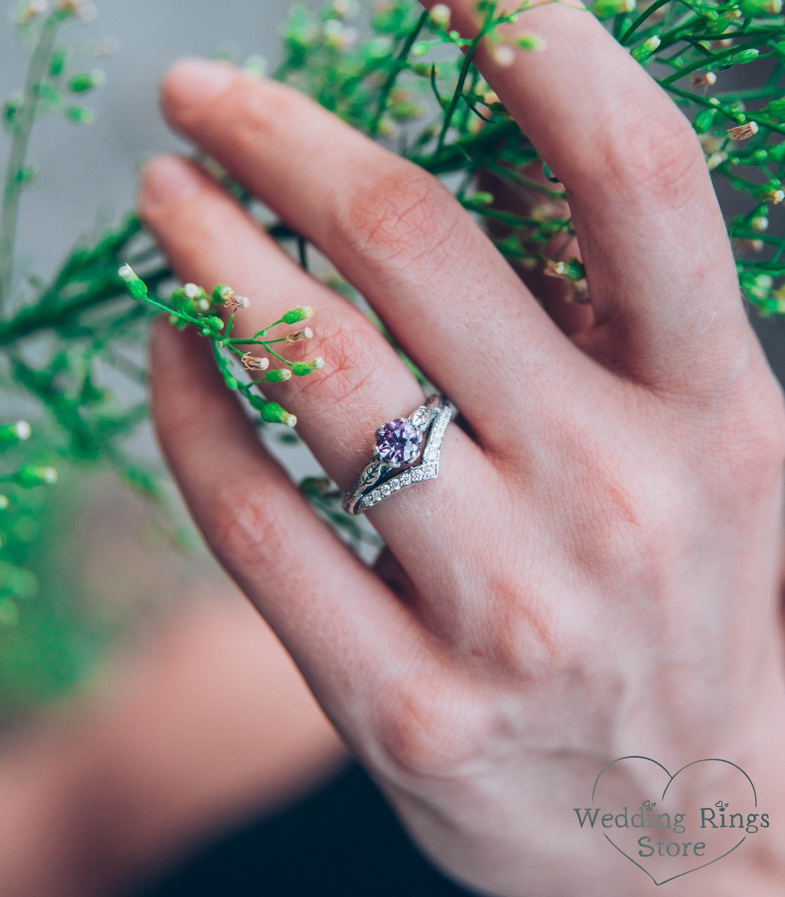 Cute Amethyst Chevron – Silver Twig strewn with Gems & Leaves