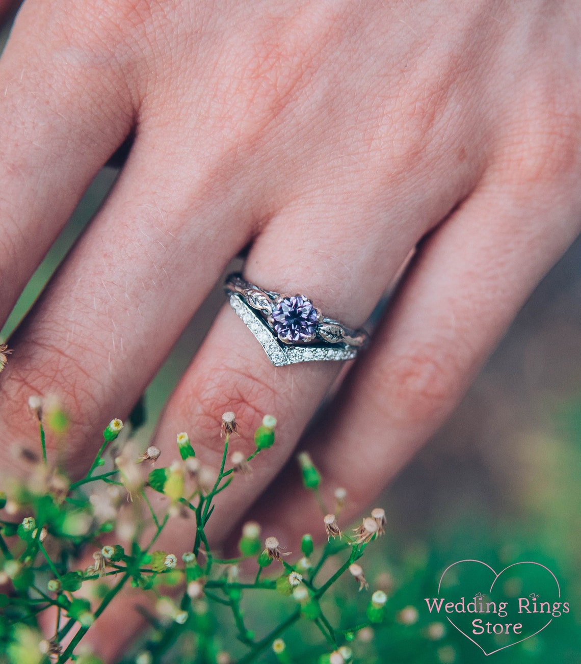 Cute Amethyst Chevron – Silver Twig strewn with Gems & Leaves