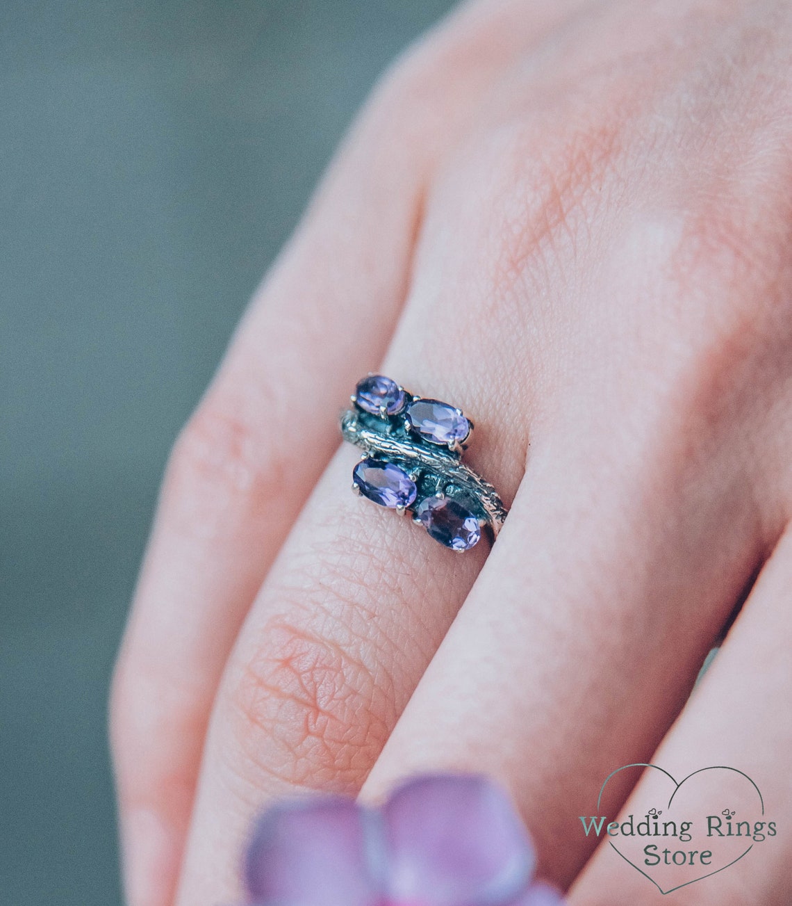 Delicate Amethysts Waved Twig Engagement Ring in oxidized Silver