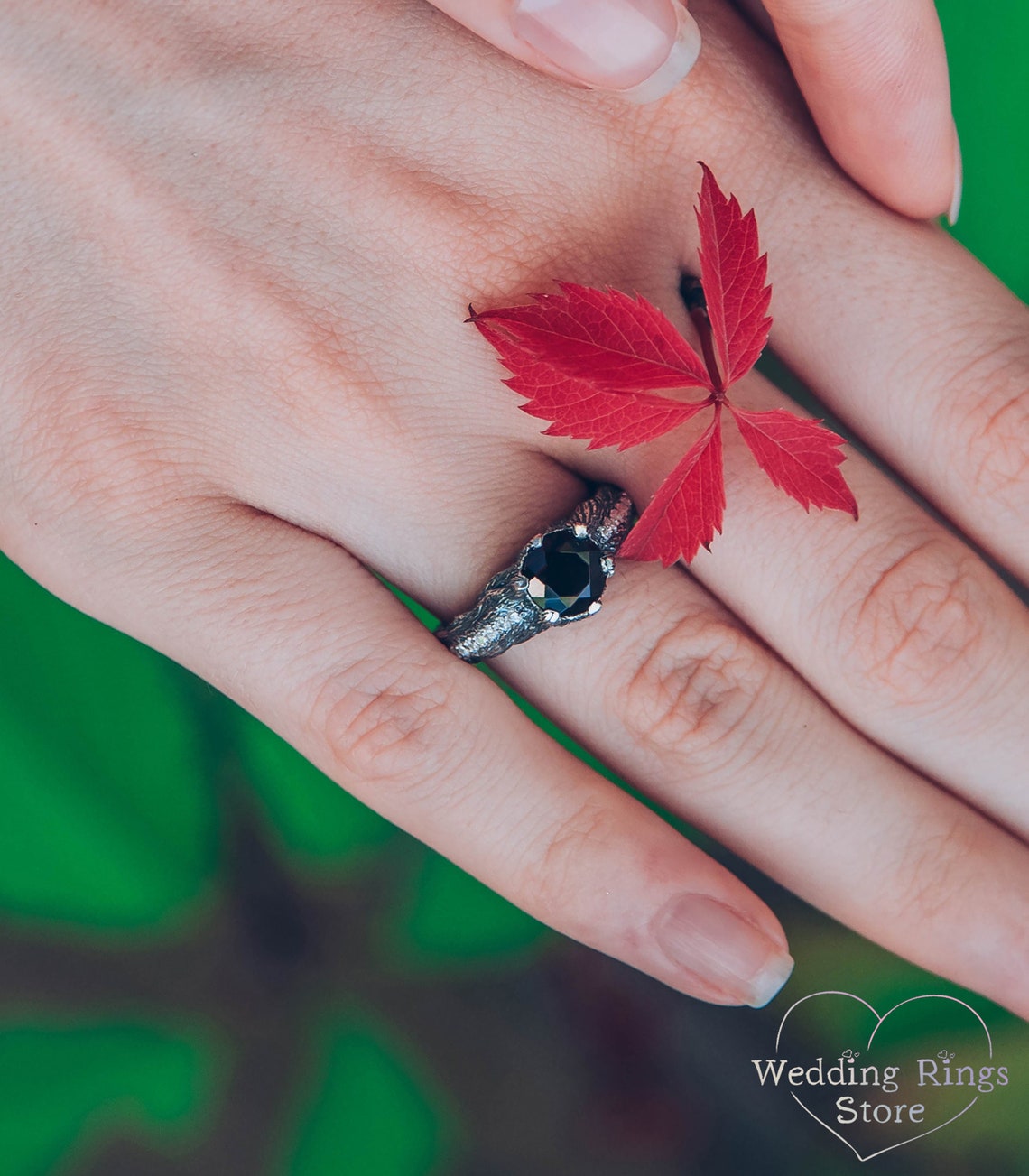 Big Garnet Ring with Silver Tree and Side Stones