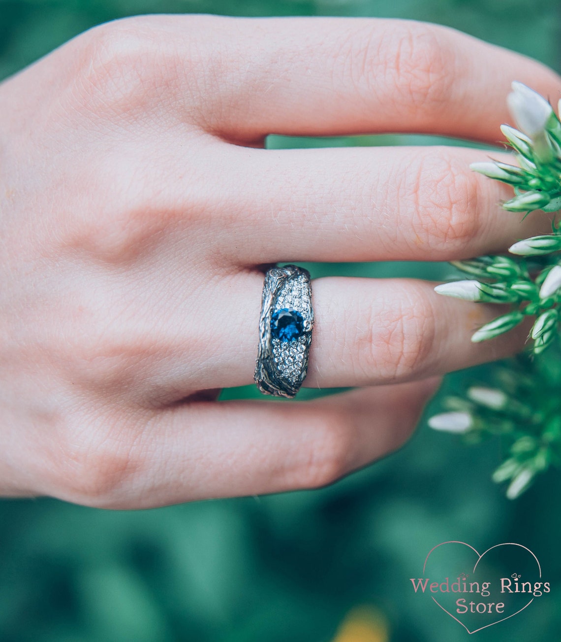 Chunky Silver Branch & Sapphire Ring adorned with CZ Accents