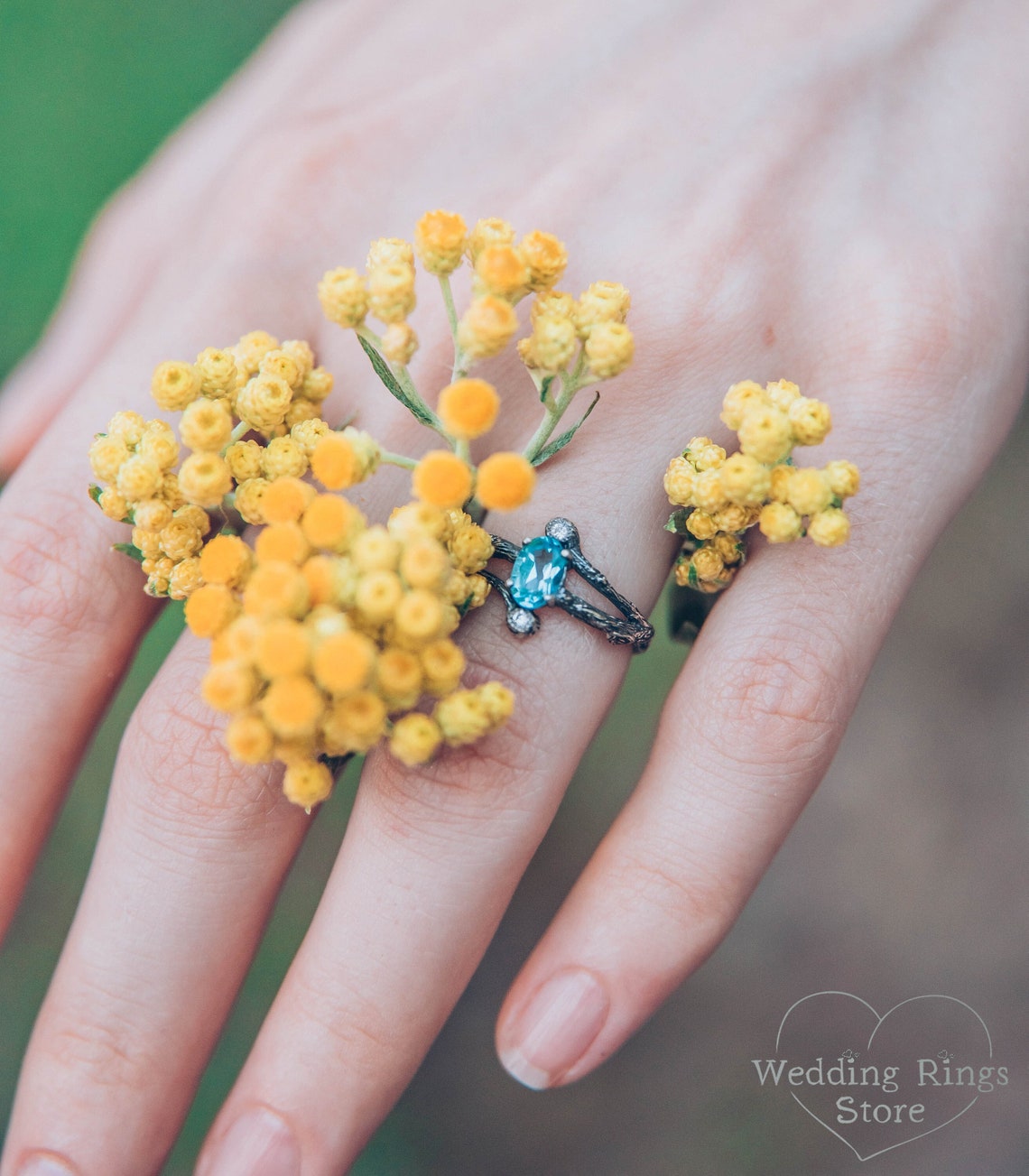 Tiny Split Branch Topaz Engagement Ring with Side Stones