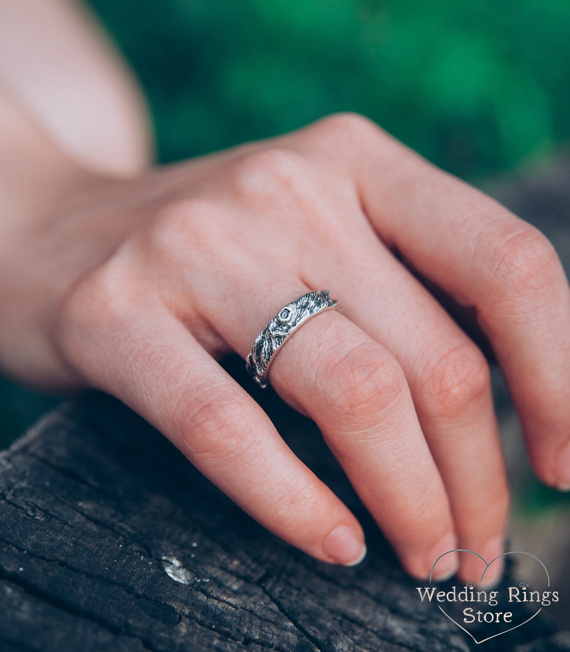 Rustic Wedding Band — Unique Silver Tree bark Ring