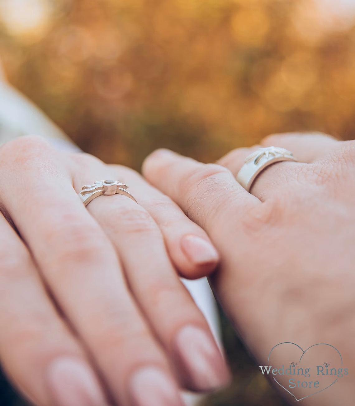 Matte Silver Sun and Moon matching Wedding Rings Set with Citrine