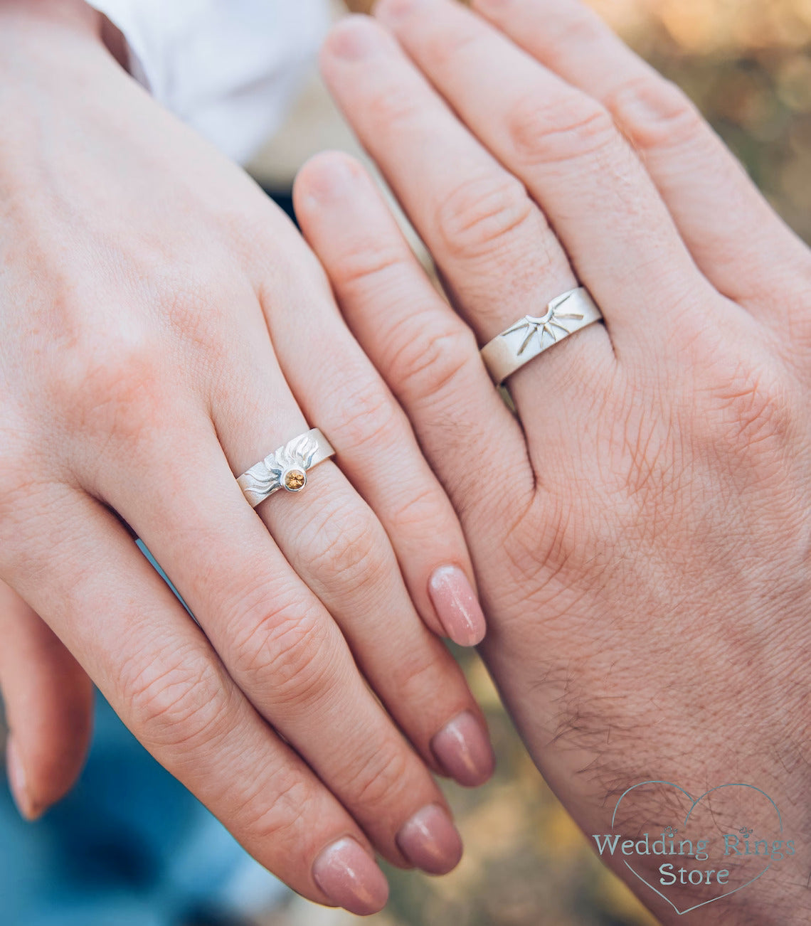 Matte Silver Sun and Moon matching Wedding Rings Set with Citrine