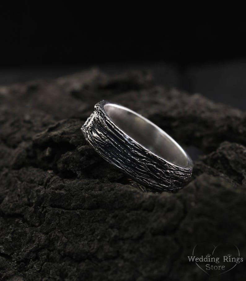 Silver Forest Tree bark & Heart Wedding Band