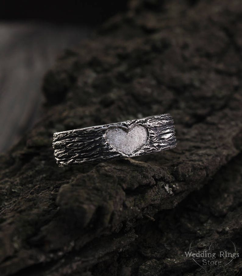 Silver Forest Tree bark & Heart Wedding Band