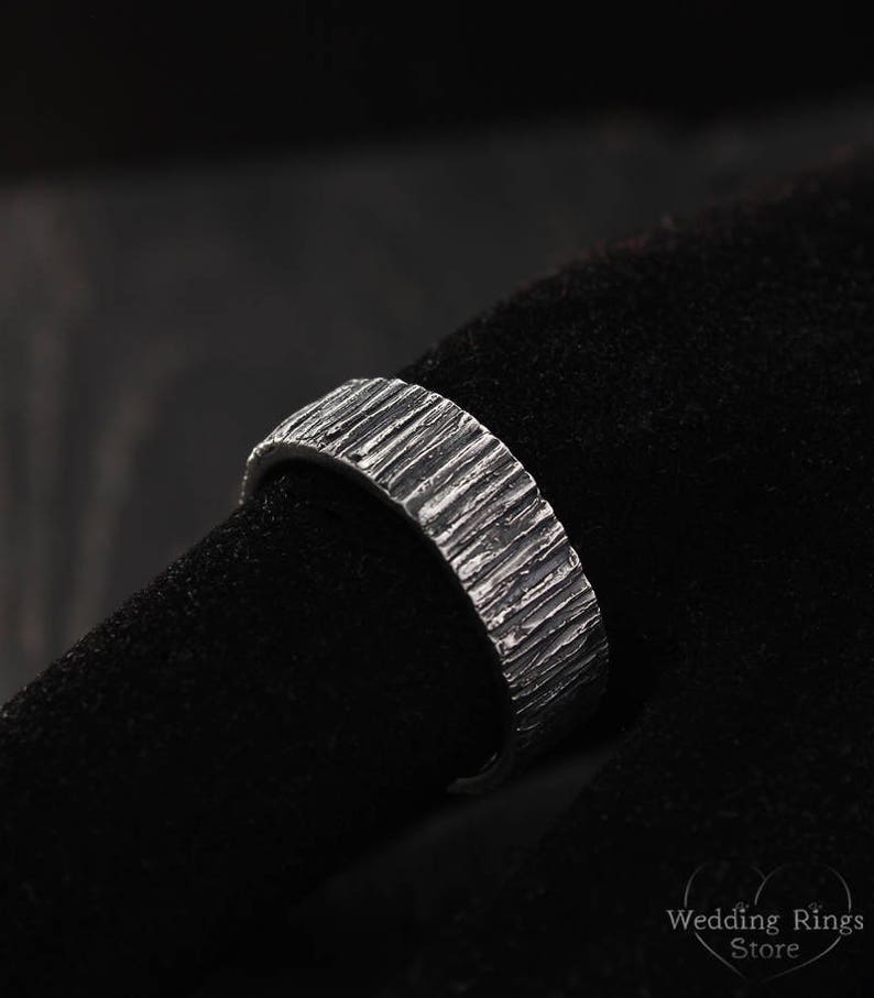 Rustic Men's Wedding Band with Silver Wood bark texture