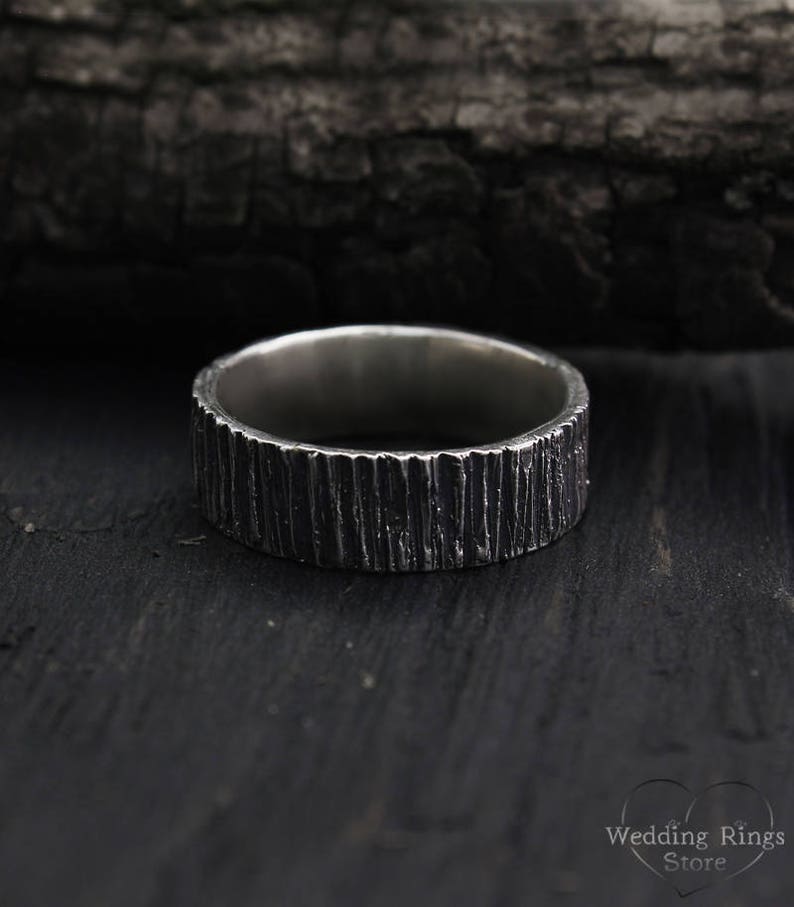 Rustic Men's Wedding Band with Silver Wood bark texture