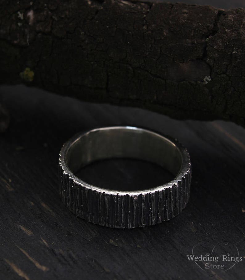 Rustic Men's Wedding Band with Silver Wood bark texture