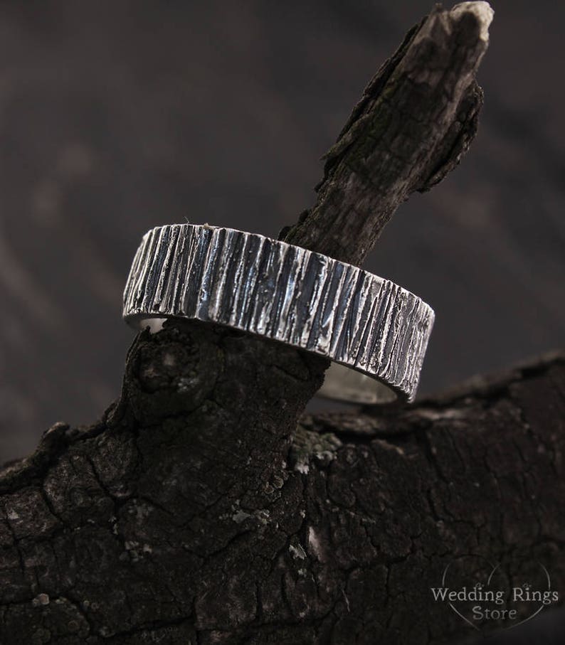 Rustic Men's Wedding Band with Silver Wood bark texture