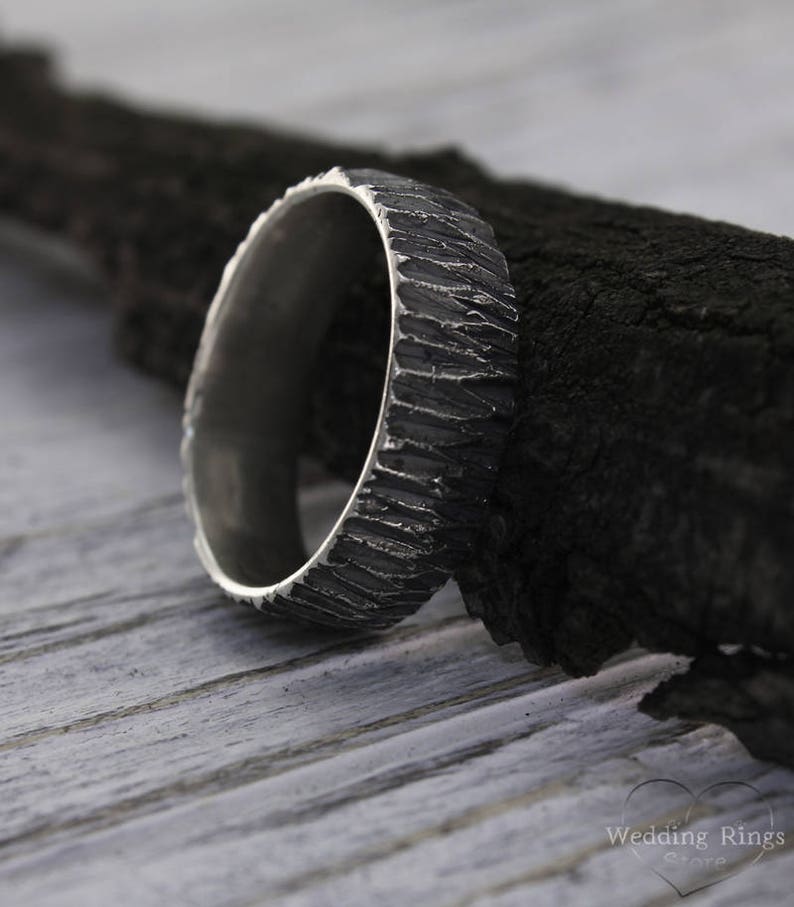 Brutalist Black Woodbark Silver Rustic Men's Wedding Band