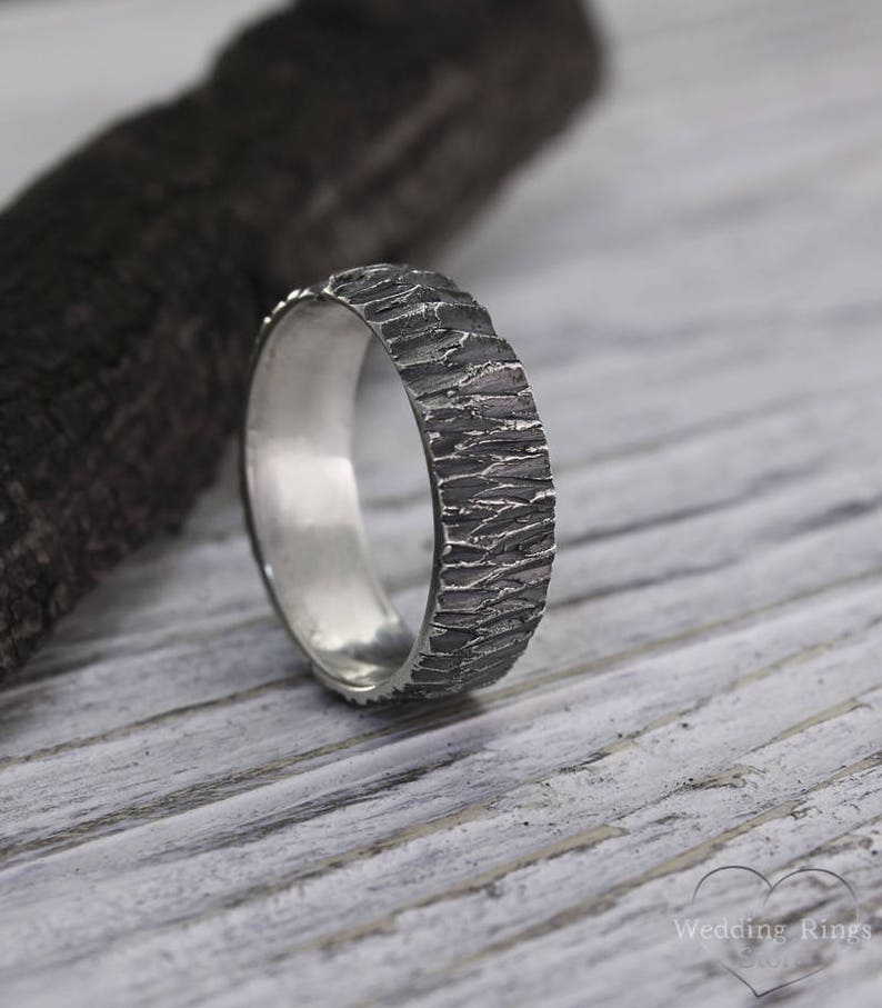 Brutalist Black Woodbark Silver Rustic Men's Wedding Band