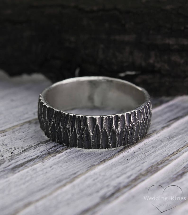 Brutalist Black Woodbark Silver Rustic Men's Wedding Band