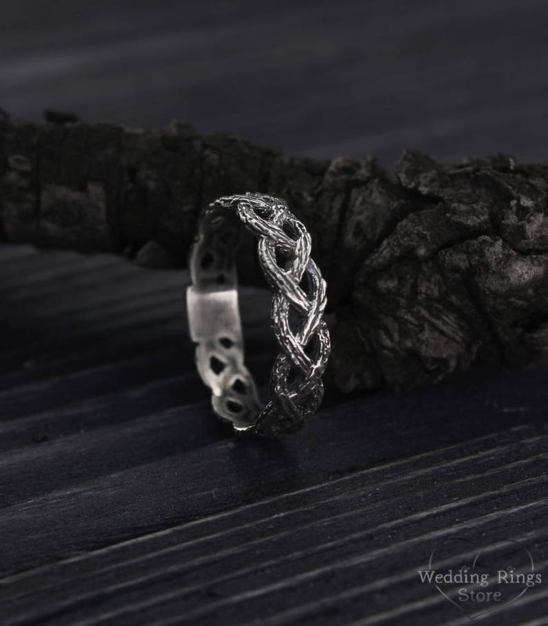 Detailed textured Silver Twisted Tree Branch Wedding Ring