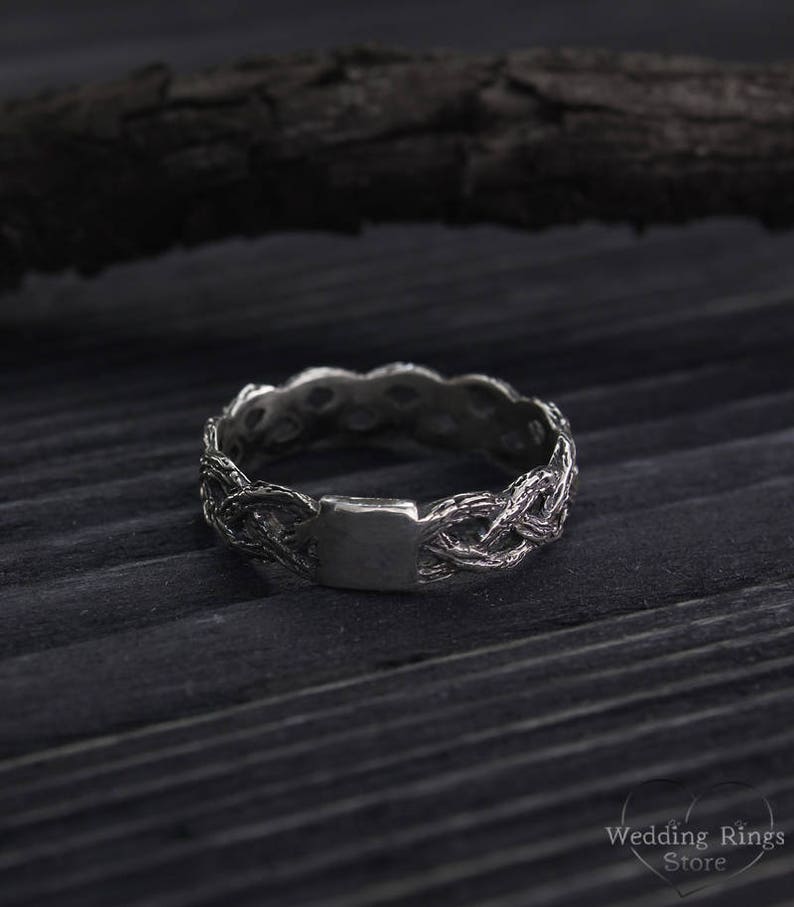 Detailed textured Silver Twisted Tree Branch Wedding Ring