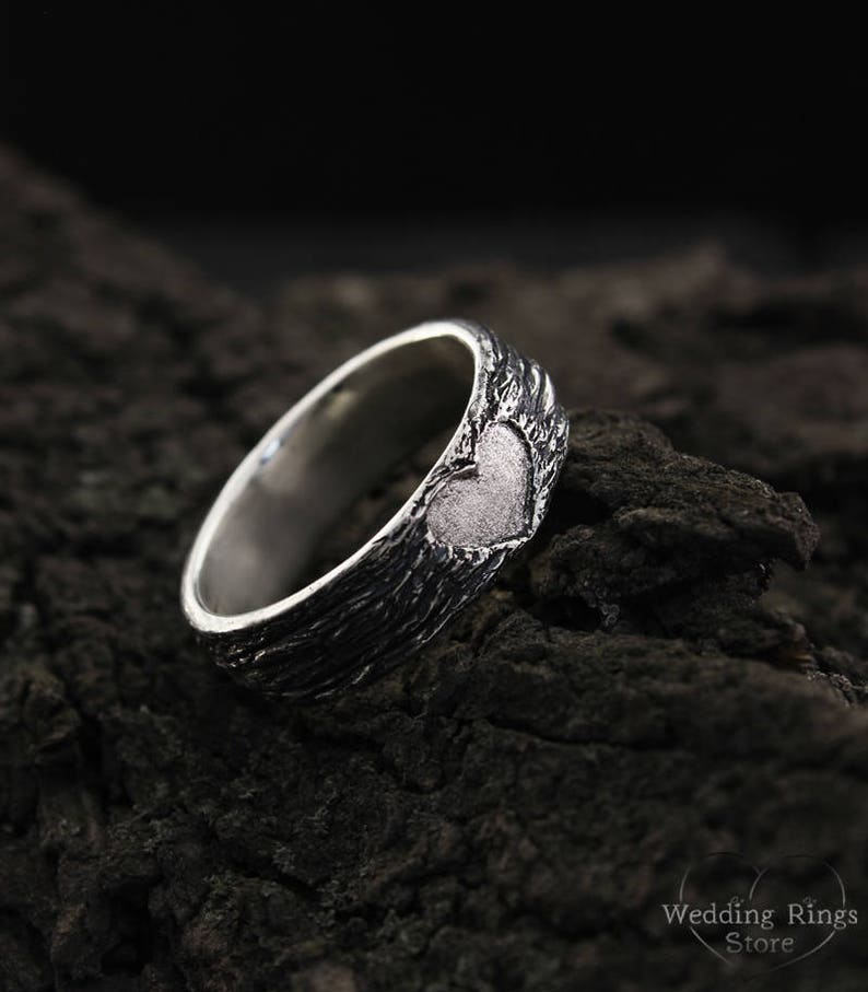 Silver Forest Tree bark & Heart Wedding Band