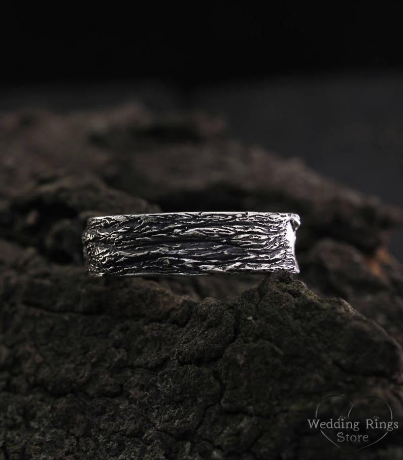 Silver Forest Tree bark & Heart Wedding Band