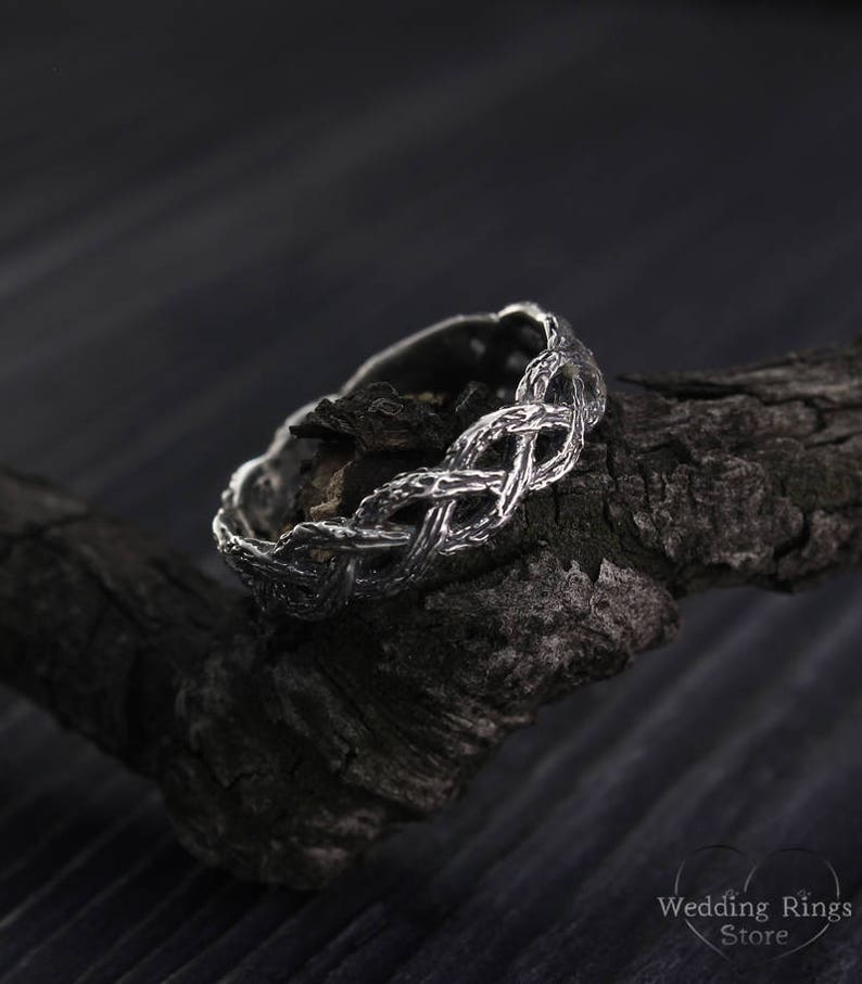 Detailed textured Silver Twisted Tree Branch Wedding Ring