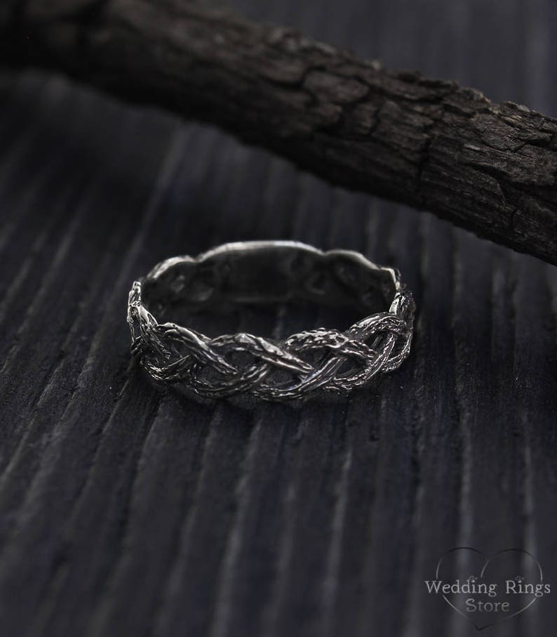 Detailed textured Silver Twisted Tree Branch Wedding Ring