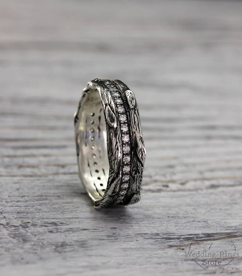 Silver Wood and CZ Stones Eternity Style Ring