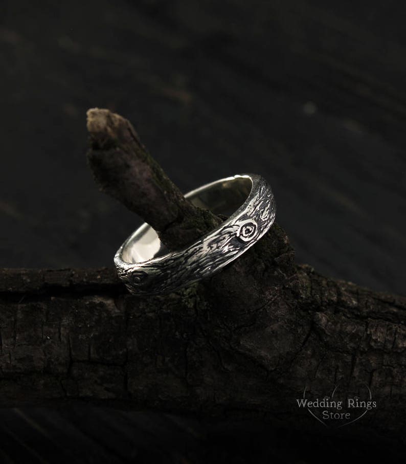 Forest Tree Bark Mens Sterling Silver Wedding Band