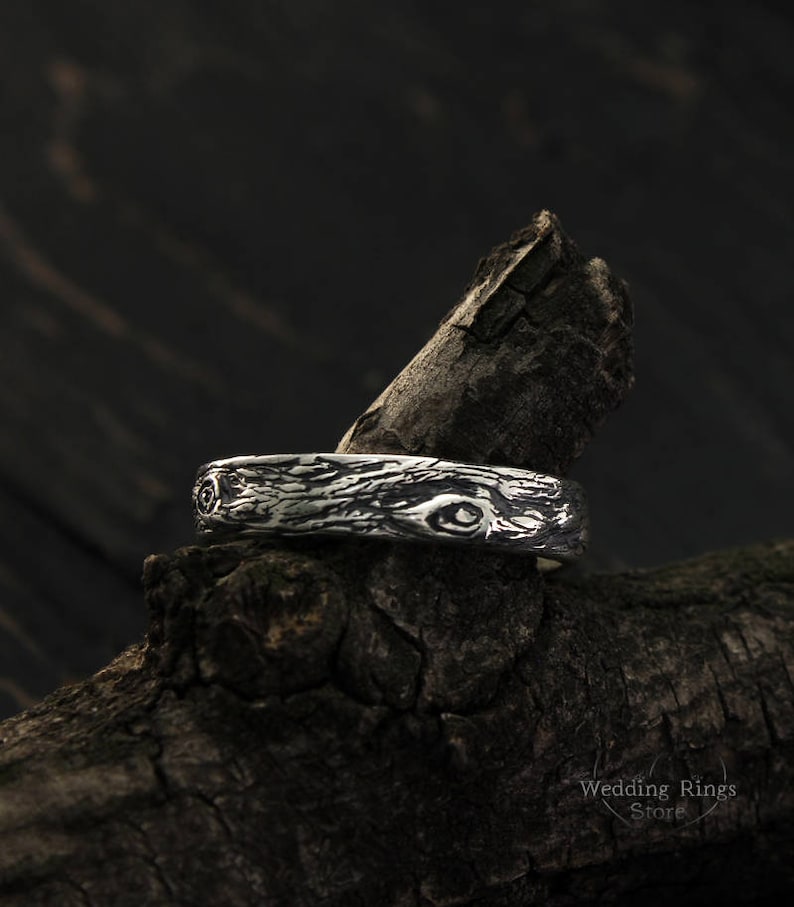 Forest Tree Bark Mens Sterling Silver Wedding Band