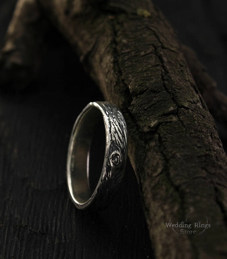 Forest Tree Bark Mens Sterling Silver Wedding Band