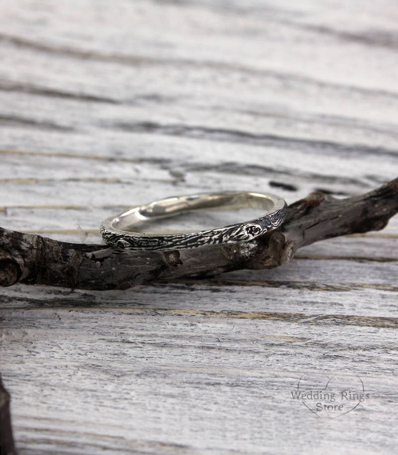 Simple Tree bark textured Sterling Silver Thin Wedding Band