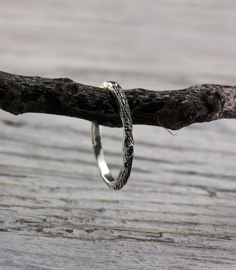 Simple Tree bark textured Sterling Silver Thin Wedding Band