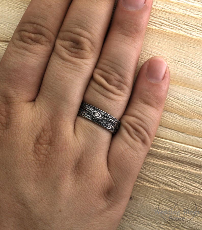 Fine Silver Tree bark and Diamond Wedding Band