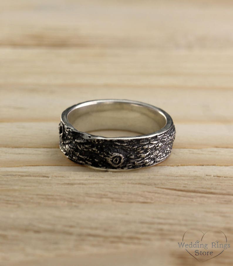 Fine Silver Tree bark and Diamond Wedding Band