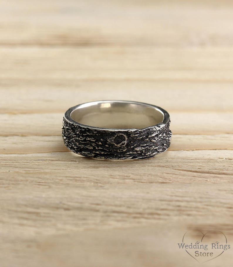 Fine Silver Tree bark and Diamond Wedding Band