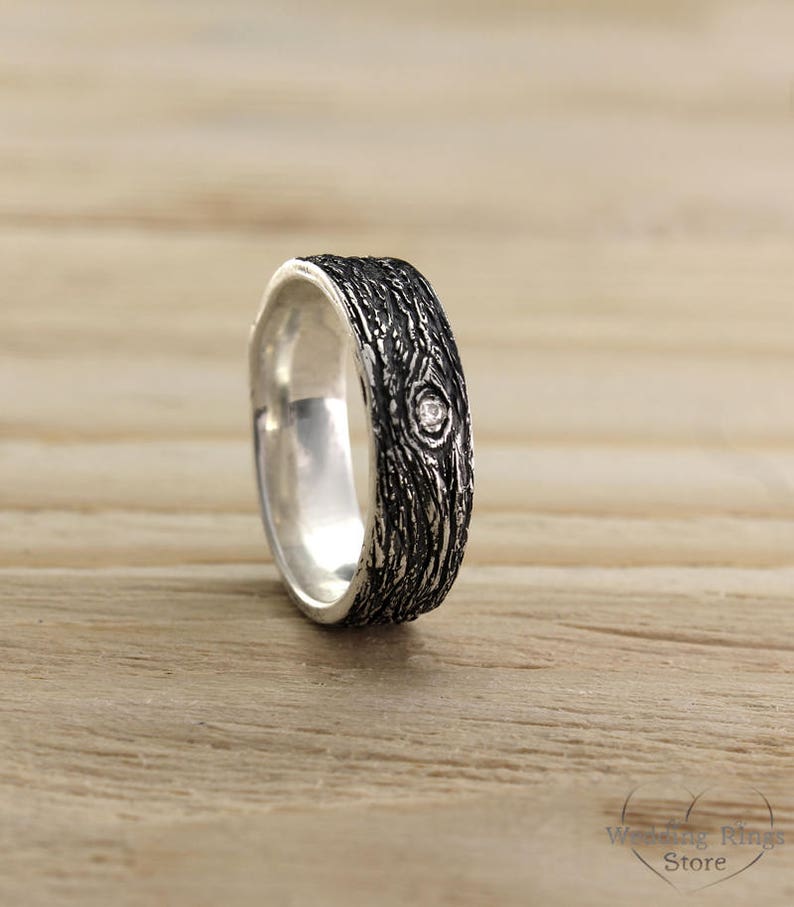 Fine Silver Tree bark and Diamond Wedding Band