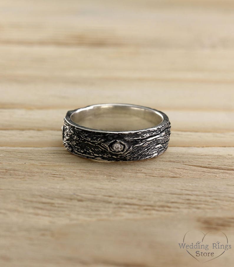 Fine Silver Tree bark and Diamond Wedding Band