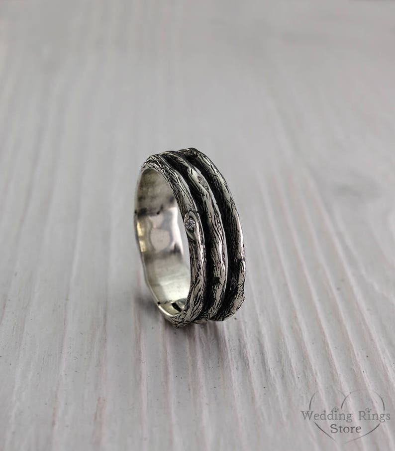 Tree Unique Silver Wedding Band — Men's Branch Wedding Ring