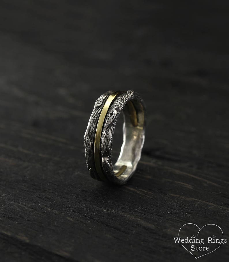 Gold Strip and Silver Branch Wedding Band with Leaves