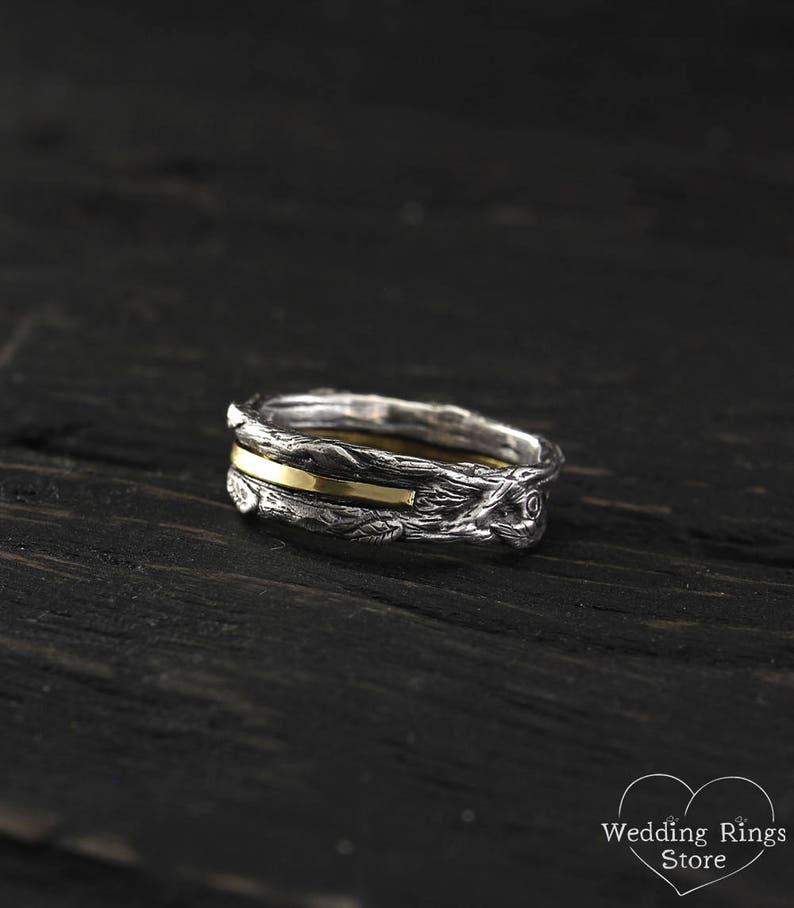 Gold Strip and Silver Branch Wedding Band with Leaves